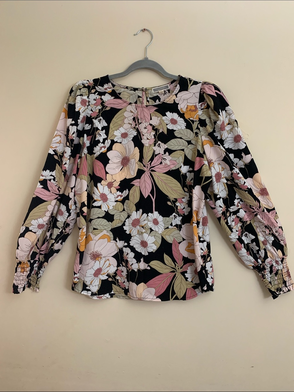 Pleione Black Floral Crewneck 3/4 Blouse Size M